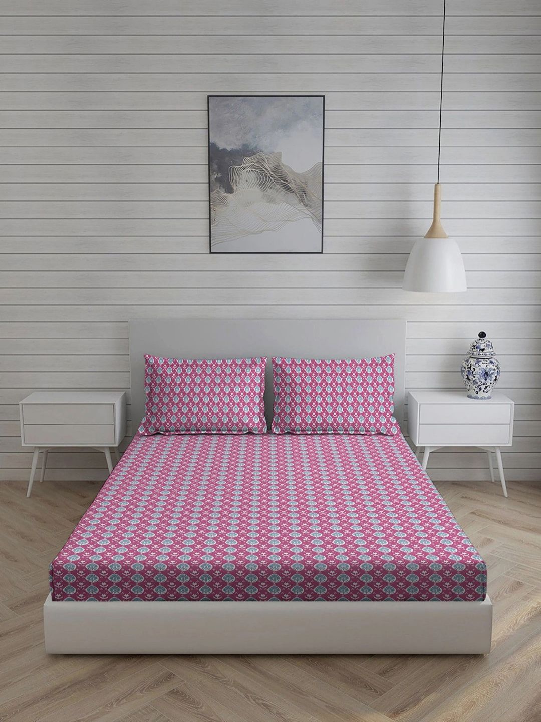 Living scapes by Pantaloons Pink Ethnic Motifs Cotton Breathable 220 TC King Fine Bedsheet with 2 Pillow Covers-274 x 274 cm