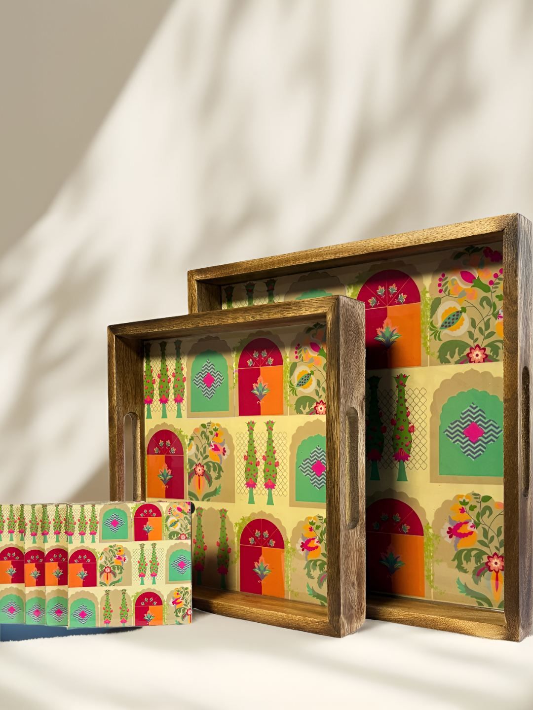 Ekaura Mehrab Anti Skid Bottom Food Grade Wooden 2 Serving Trays with 4 Coasters Set