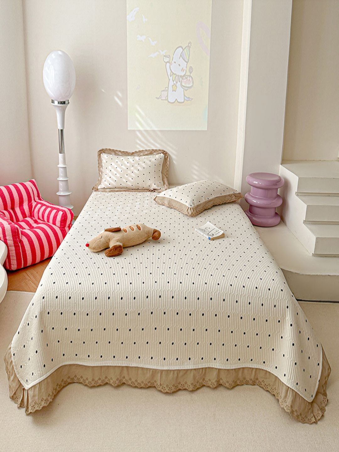 JC HOME Khaki & Black Printed Double Bed Queen Cover With Pillow Covers