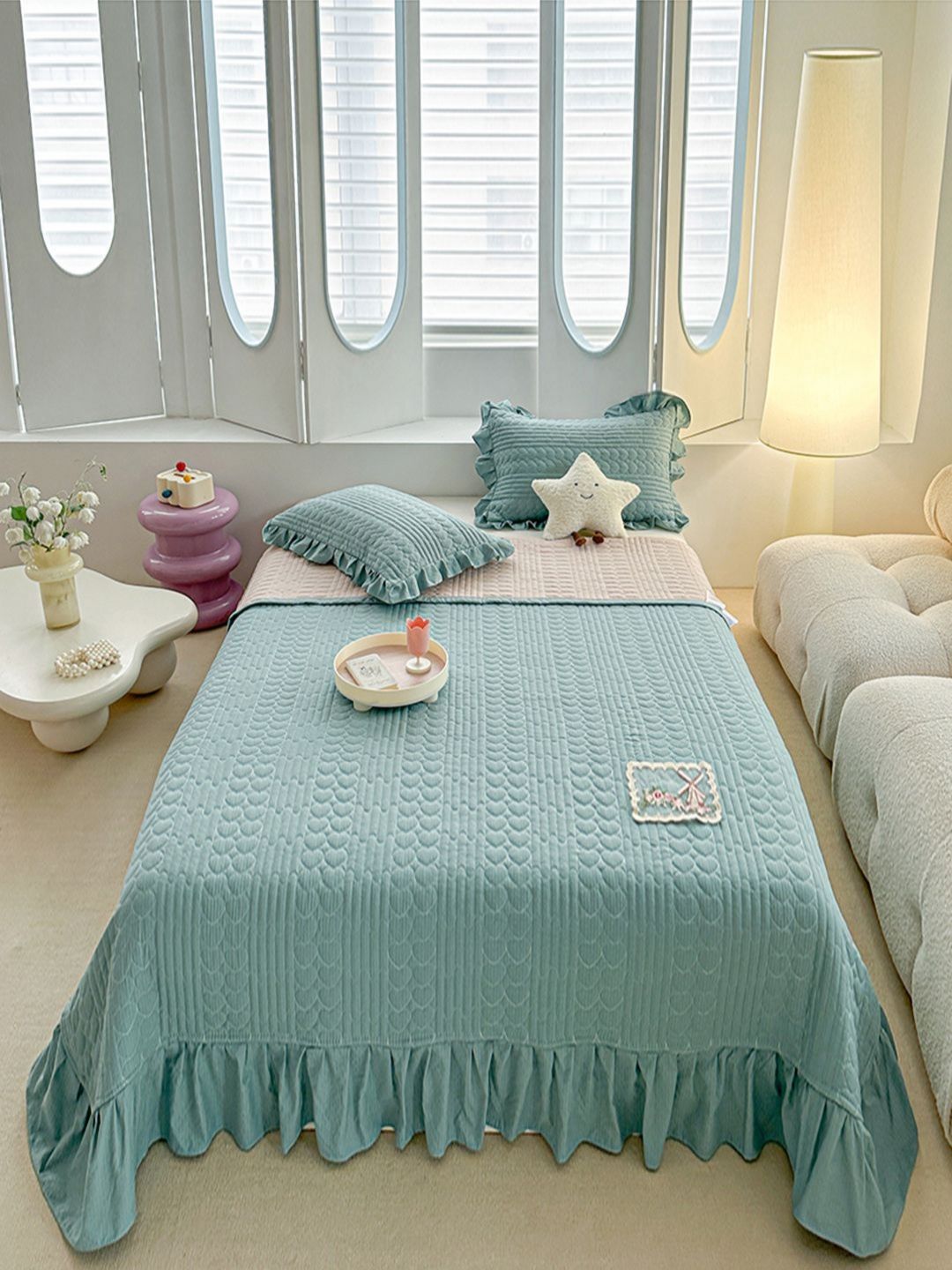 JC HOME Blue 162 TC Double Bed Queen Cover With Pillow Covers
