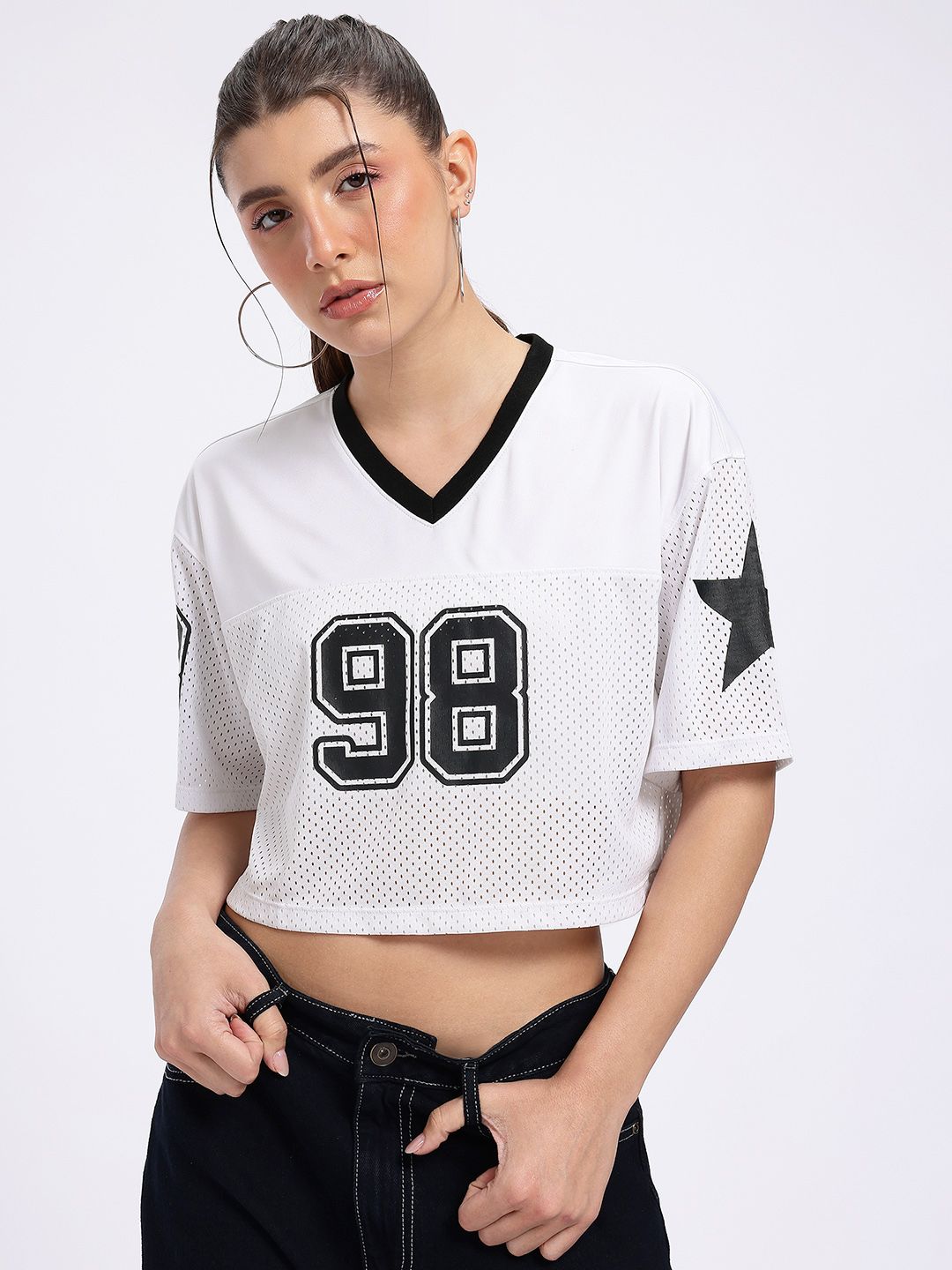 Buy glitchez Crop Boxy Mesh Varsity T-shirt - Tshirts for Women
