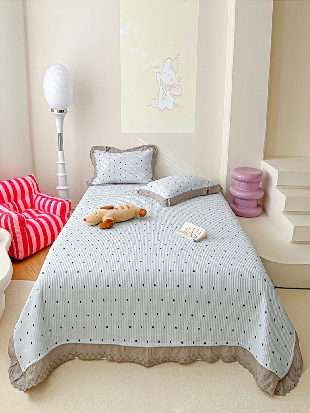 JC HOME Blue Polka Dots Printed 162 TC Double Queen Bed Cover & 2 Pillow Covers
