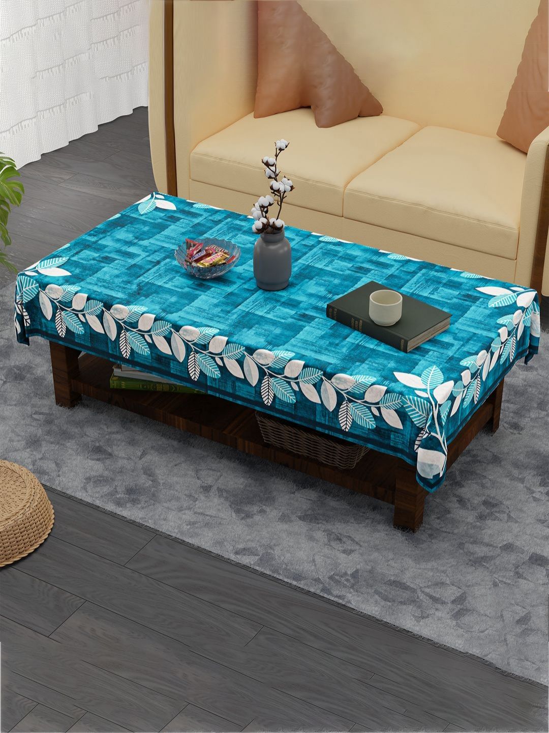 Aura Blue Floral Anti-Skid Cotton 4-Seater Table Cover
