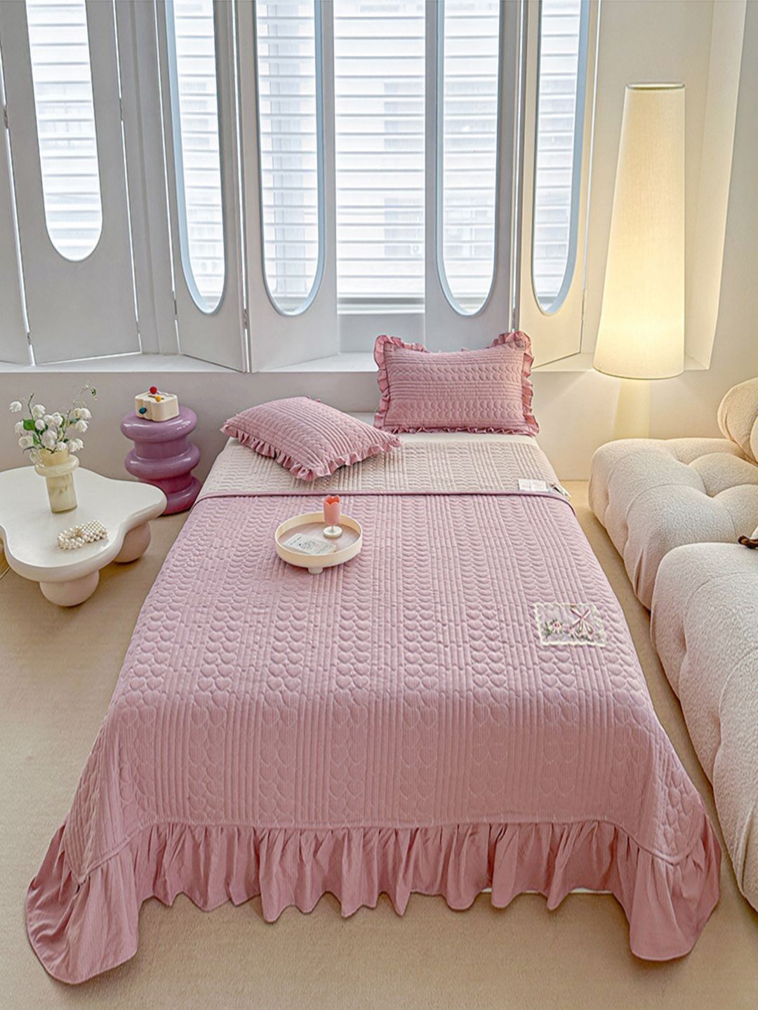 JC HOME Pink Textured 162 TC Double King Bed Cover & 2 Pillow Covers