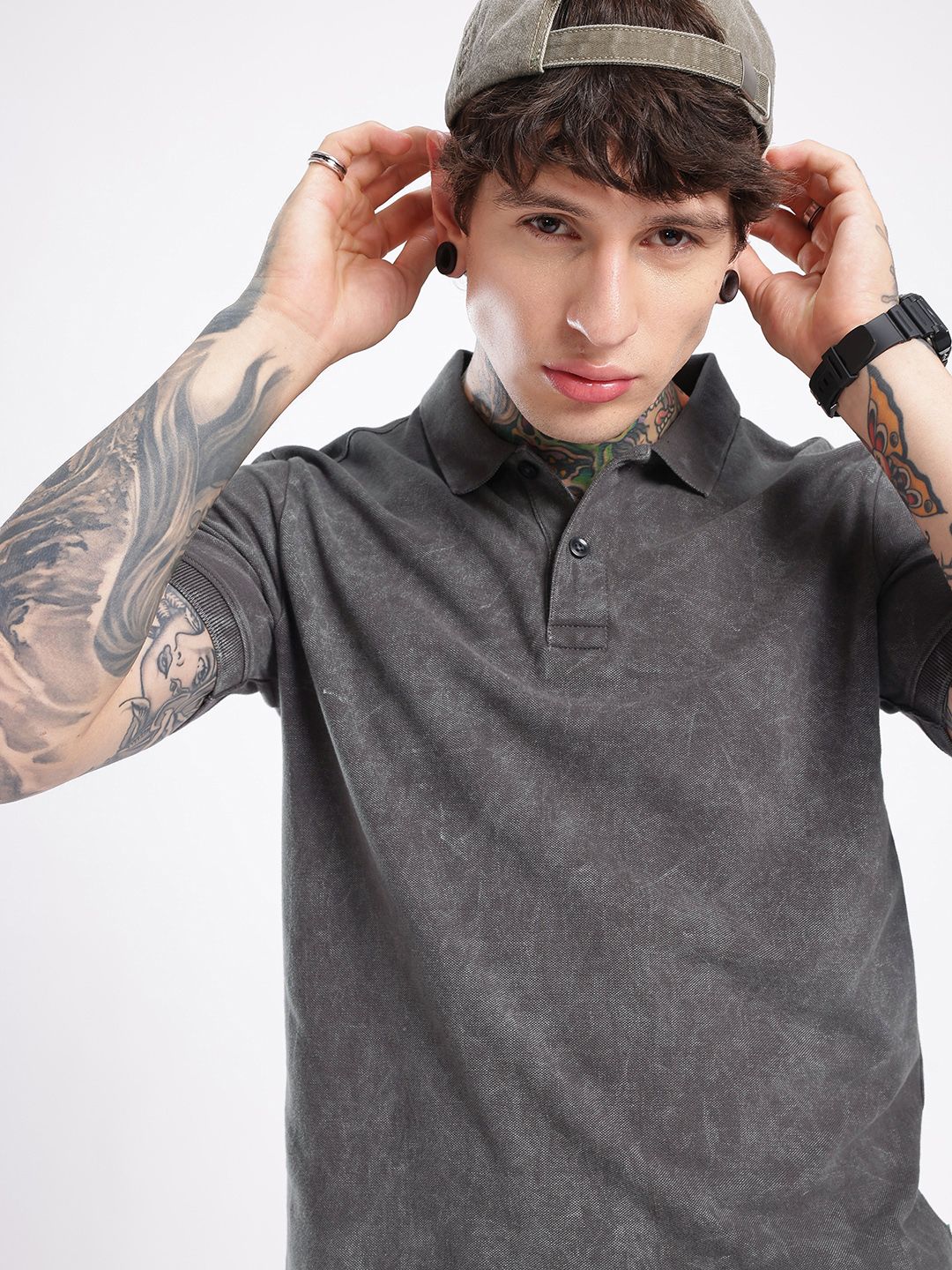 glitchez Washed Effect Polo Collar T-shirt