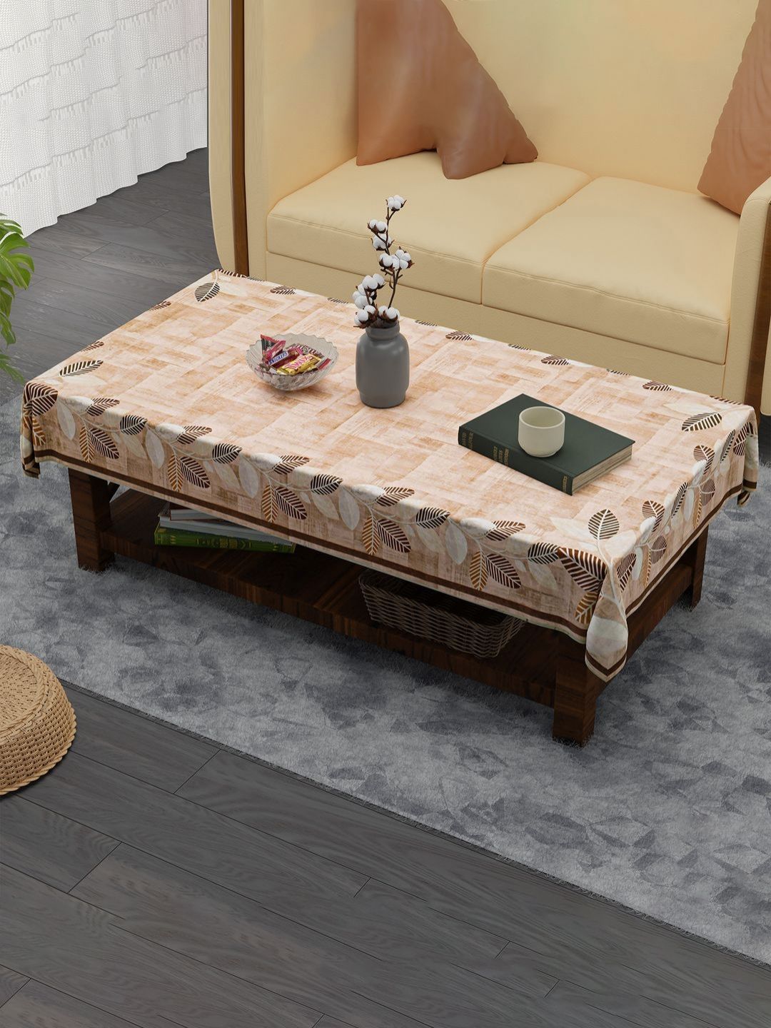 Aura Brown Floral Anti-Skid Cotton 4-Seater Table Cover