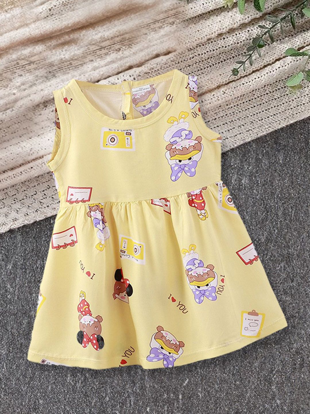FOREVER FRIDAY Girls Conversational Print Gathered or Pleated Round Neck A-Line Dress