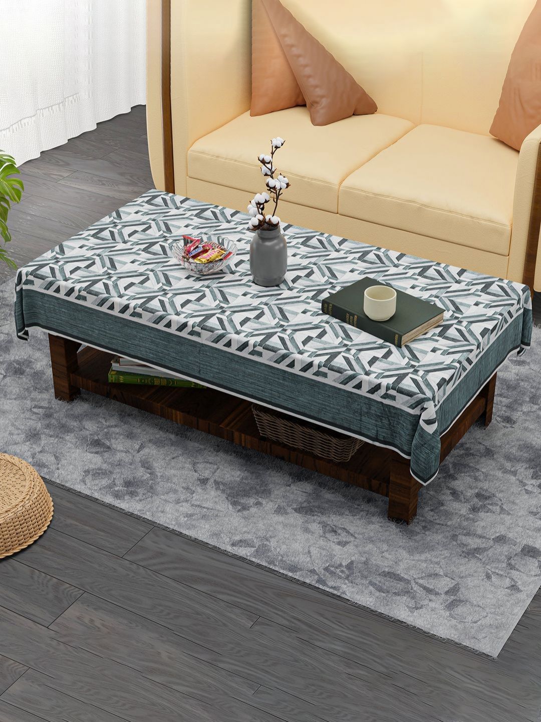 Aura Grey Floral Anti-Skid Cotton 4-Seater Table Cover