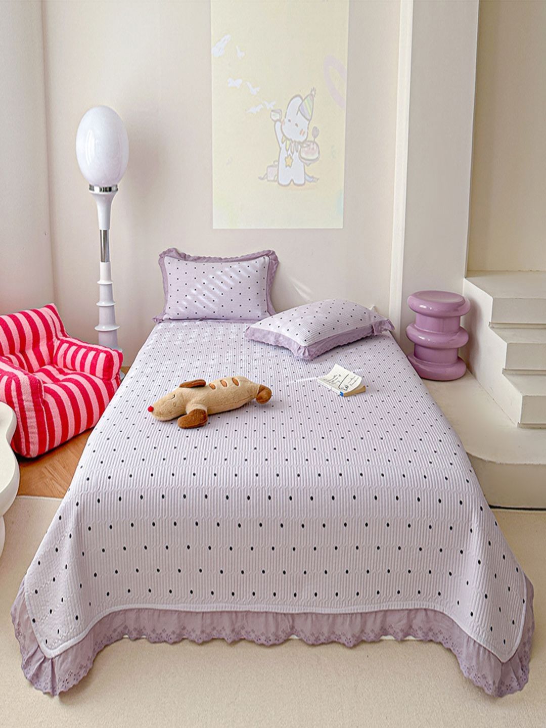 JC HOME Purple & Black Polka Printed 162 TC King Bed Cover Set