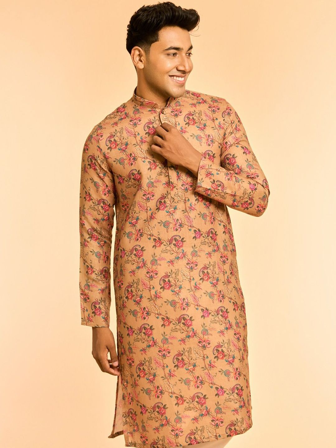 Diwas by Manyavar Floral Printed Mandarin Collar Cotton Straight Kurta