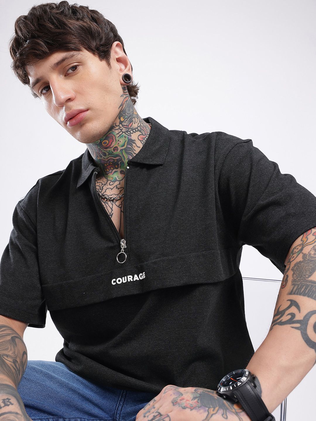glitchez Polo Collar Oversized Drop-Shoulder Sleeves T-shirt