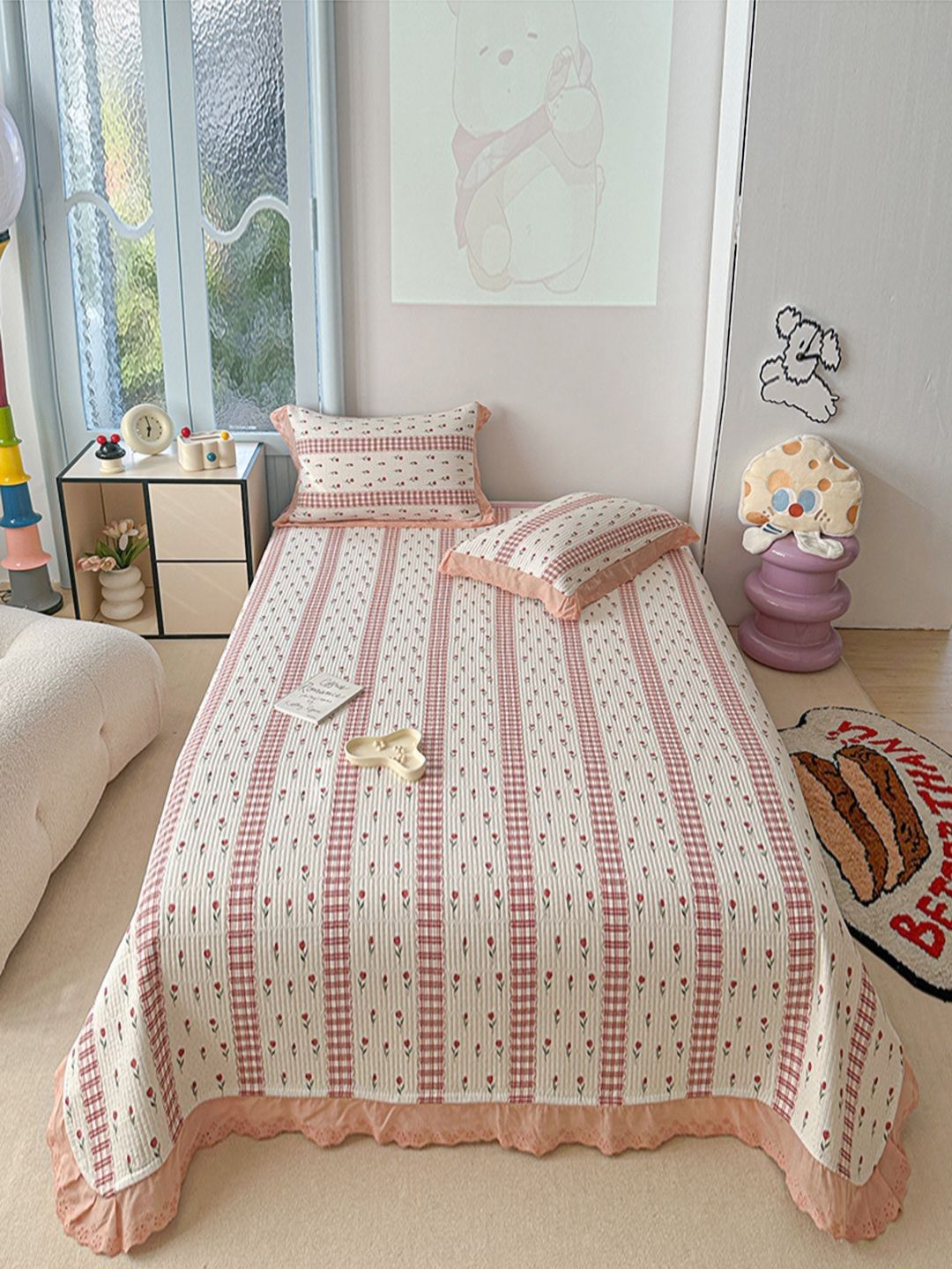JC HOME White & Red Floral Printed 162 TC Double King Bed Cover