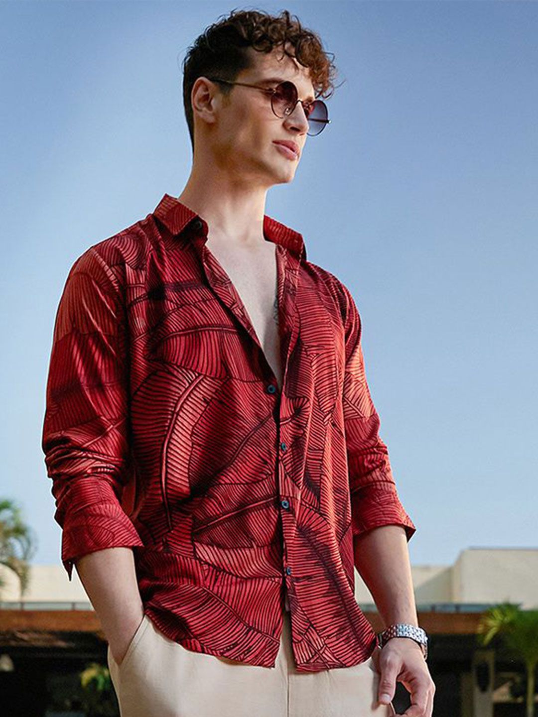 CAHOOT Burnt Sienna Foliage-Outline Self Design Comfort Regular Fit Casual Shirt