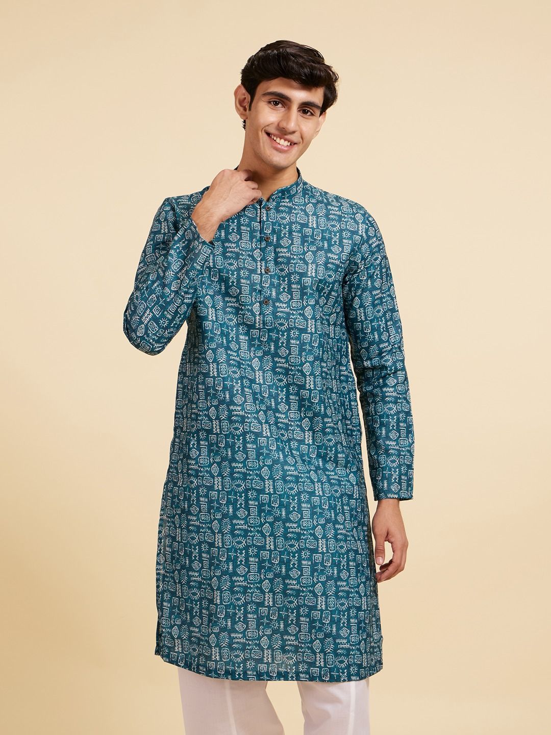 Diwas by Manyavar Geometric Aztec Printed Mandarin Collar Cotton Straight Kurta