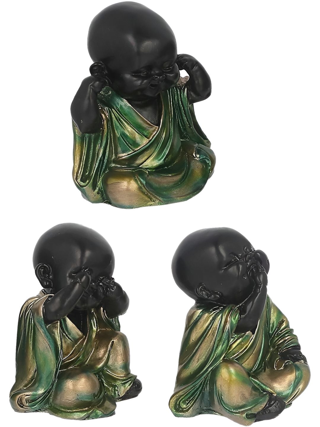 Aura Monk Black Polyresin Matte Living Room Set of 3 Small Showpieces - 4.7 Inches