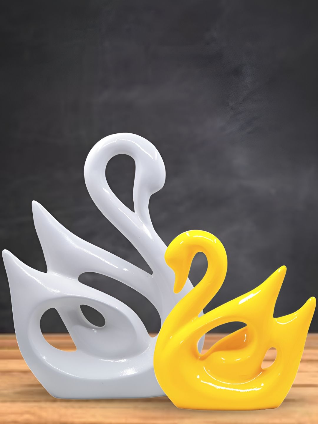 Aura Swan Yellow Polyresin Glossy Living Room Set of 2 Medium Showpieces - 10.2 Inches
