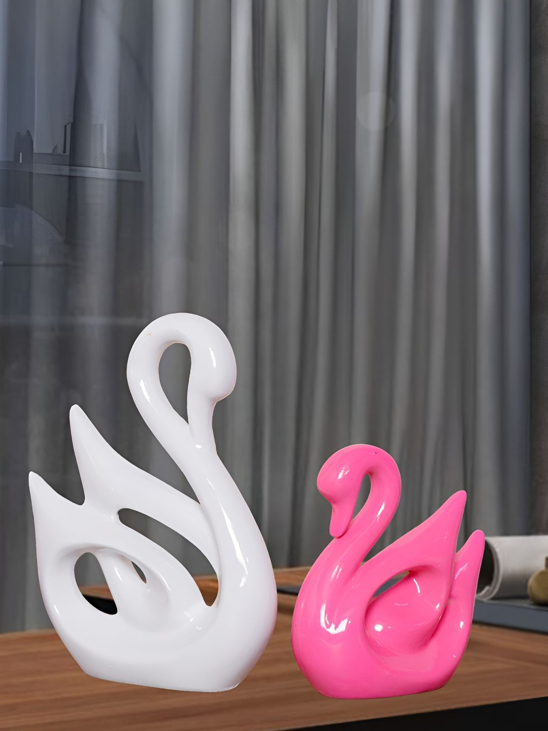 Aura Swan White Polyresin Mirrored Living Room Set of 2 Tiny Showpieces - 10.2 Inches