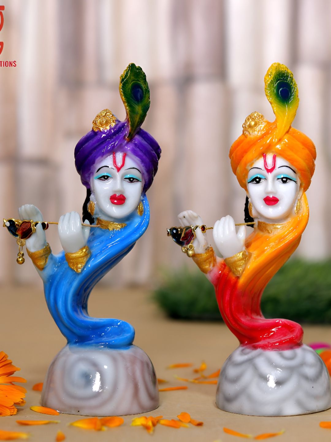 Aura Murlidhar Krishna Face Blue Marble Glossy Prayer Room Set of 2 Small Showpieces - 6.7 Inches