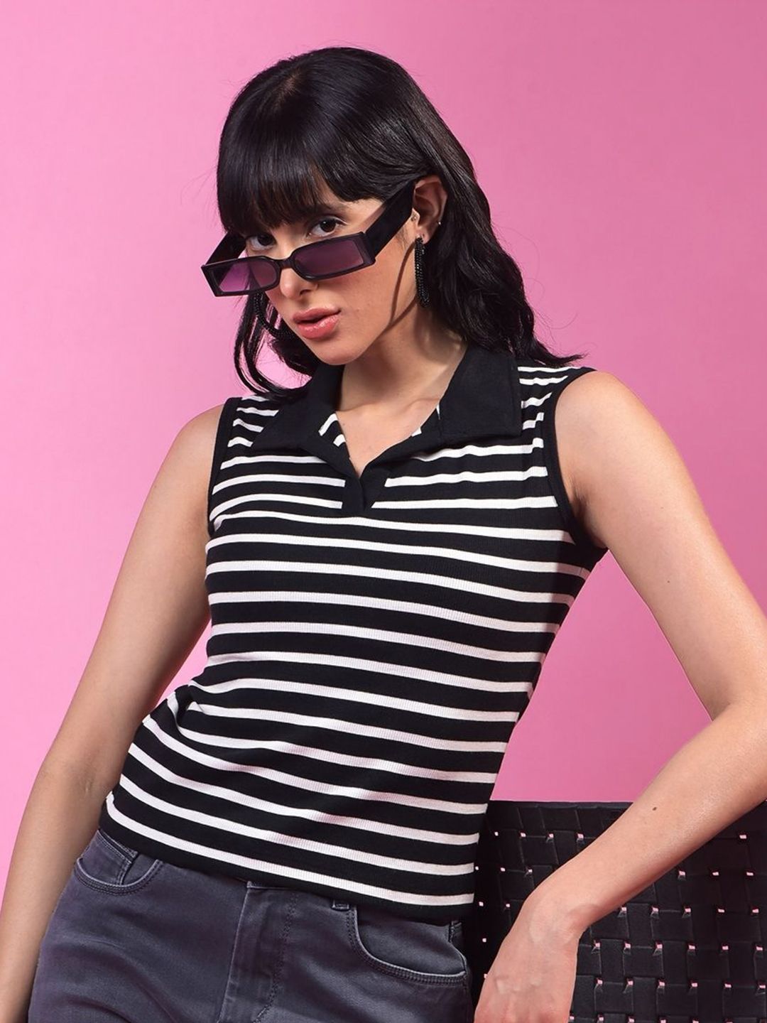 Crimsoune Club Women Striped V-Neck Slim Fit T-shirt