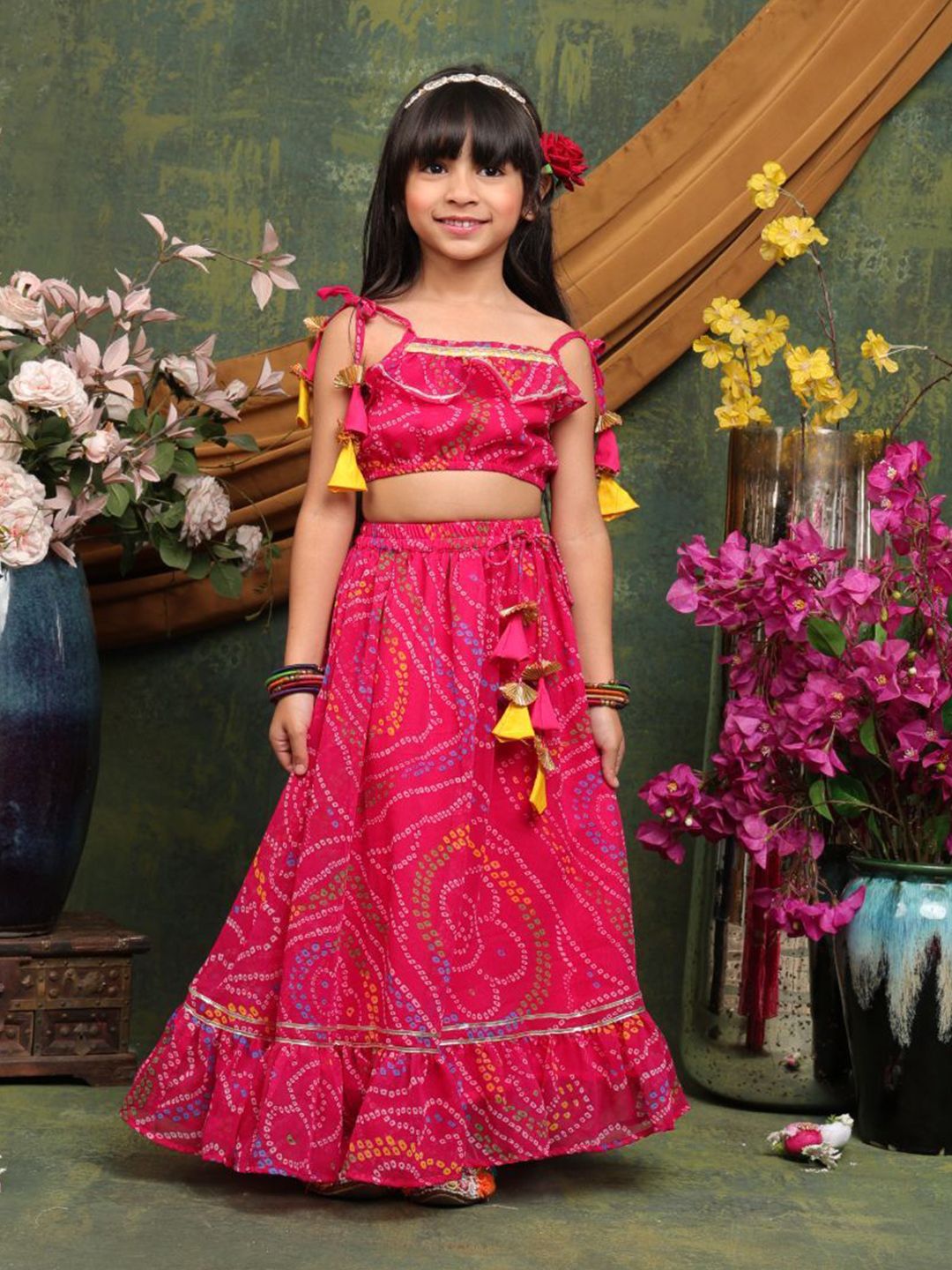 SAKA DESIGNS Girls Bandhani Printed Ready to Wear Lehenga Choli Set