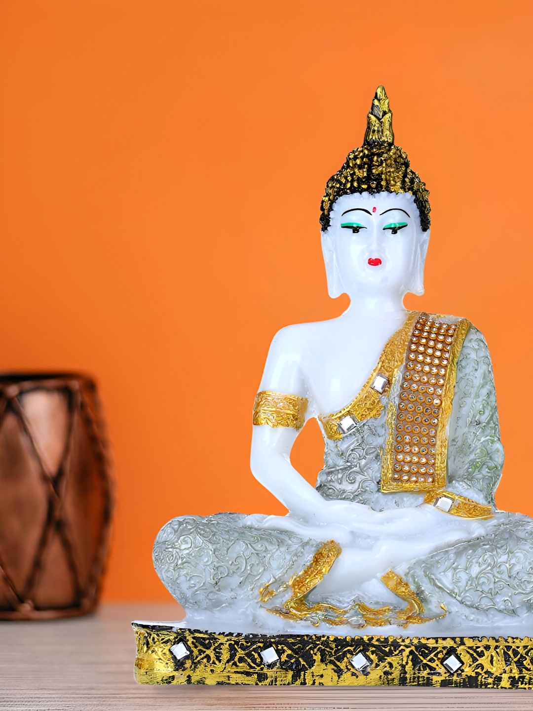 Aura Buddha White Marble Metallic Prayer Room Medium Showpiece - 2.4 Inches