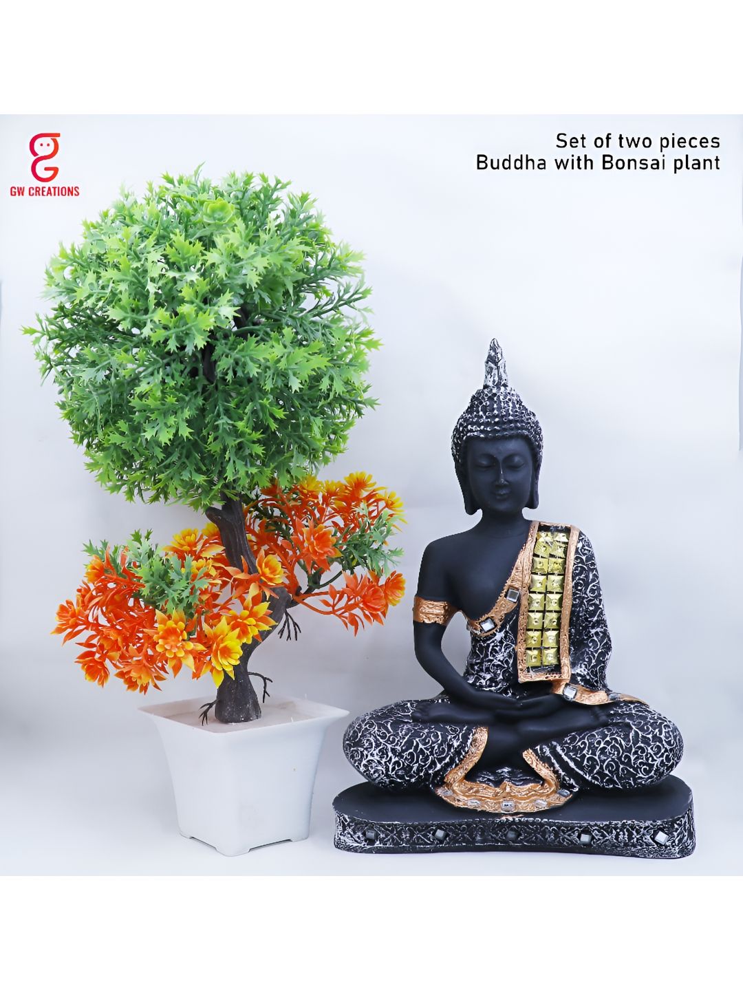Aura Shading Buddha with Bonsai Plant Black Polyresin Glossy Living Room Set of 2 Small Showpieces - 11.8 Inches