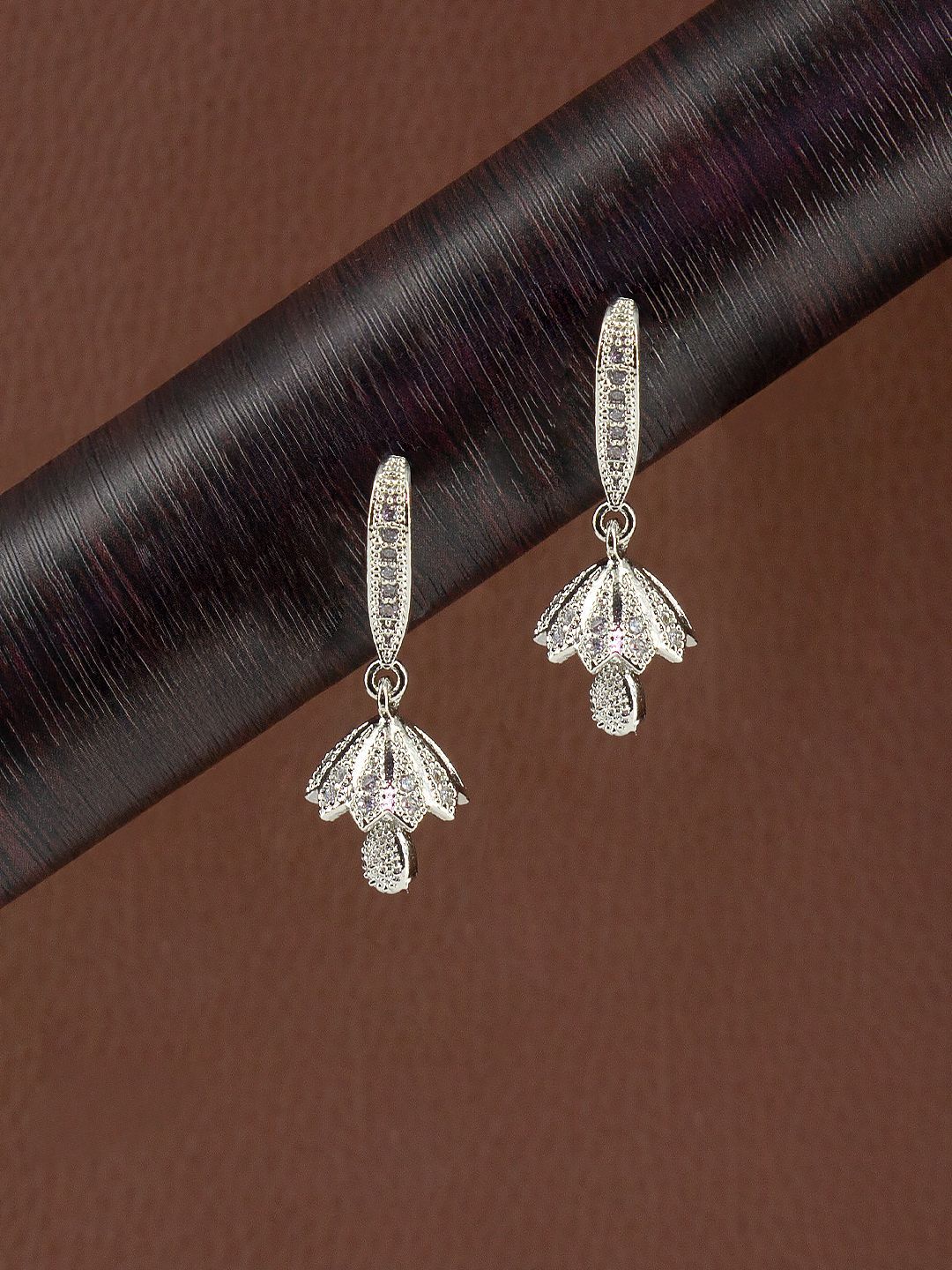 PRIVIU Silver-Plated American Diamond Studded Dome Shaped Jhumkas