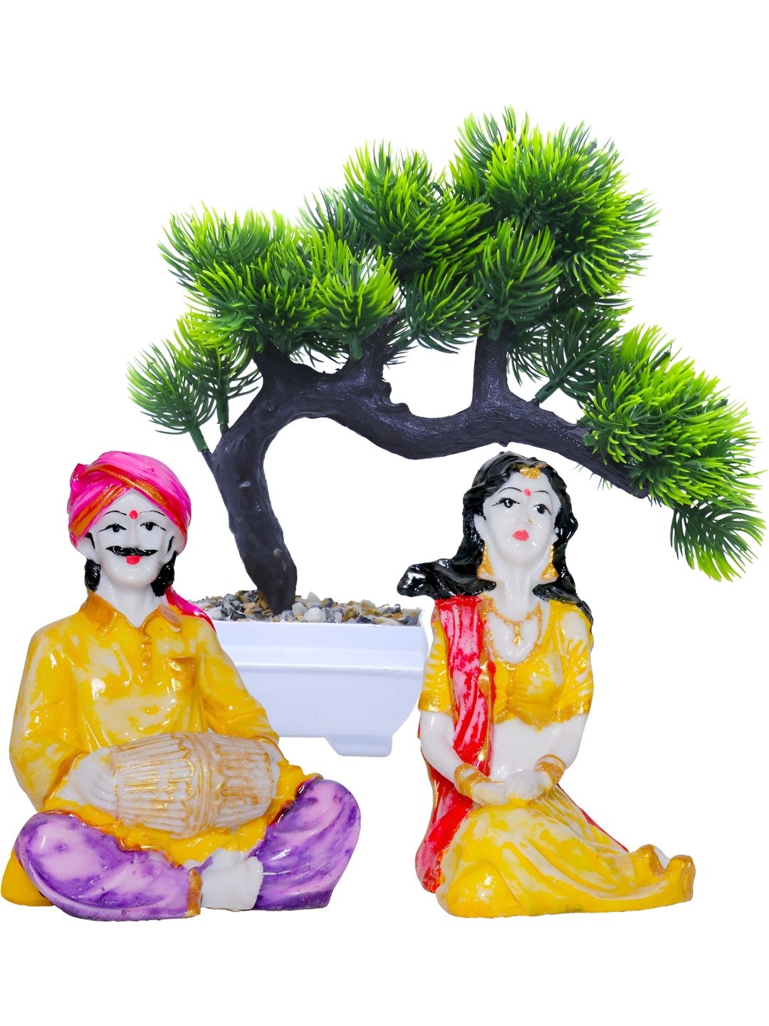 Aura Rajasthani and Bonsai Artifical Plant White Polyresin Natural Living Room Set of 3 Small Showpieces - 2.8 Inches