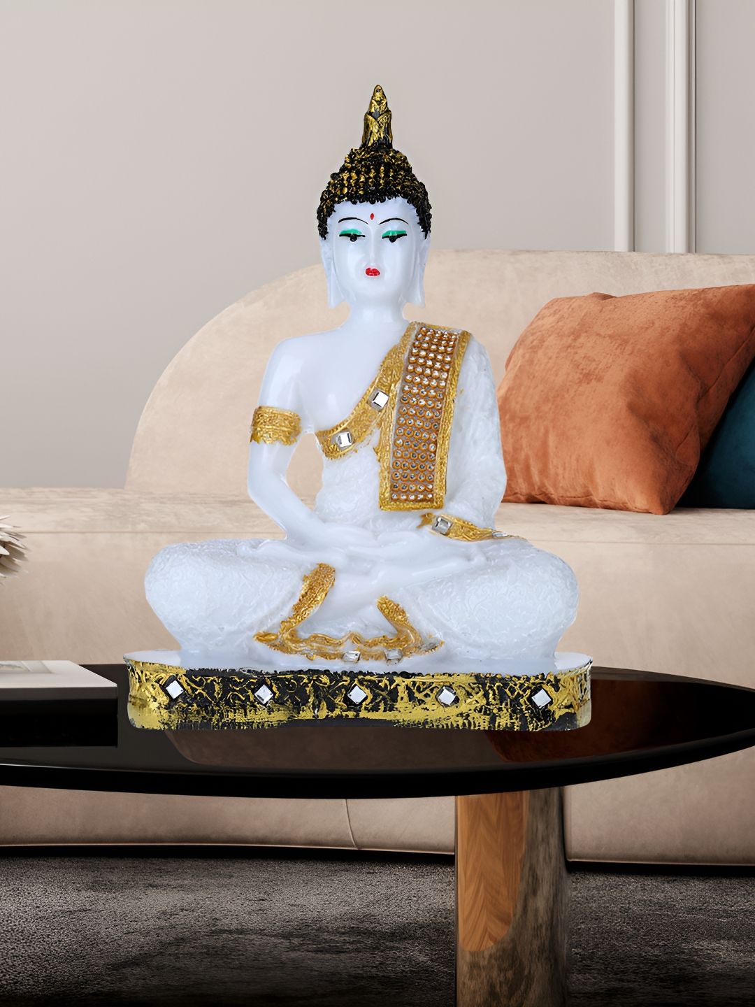 Aura Buddha White Marble Metallic Prayer Room Medium Showpiece - 2.4 Inches