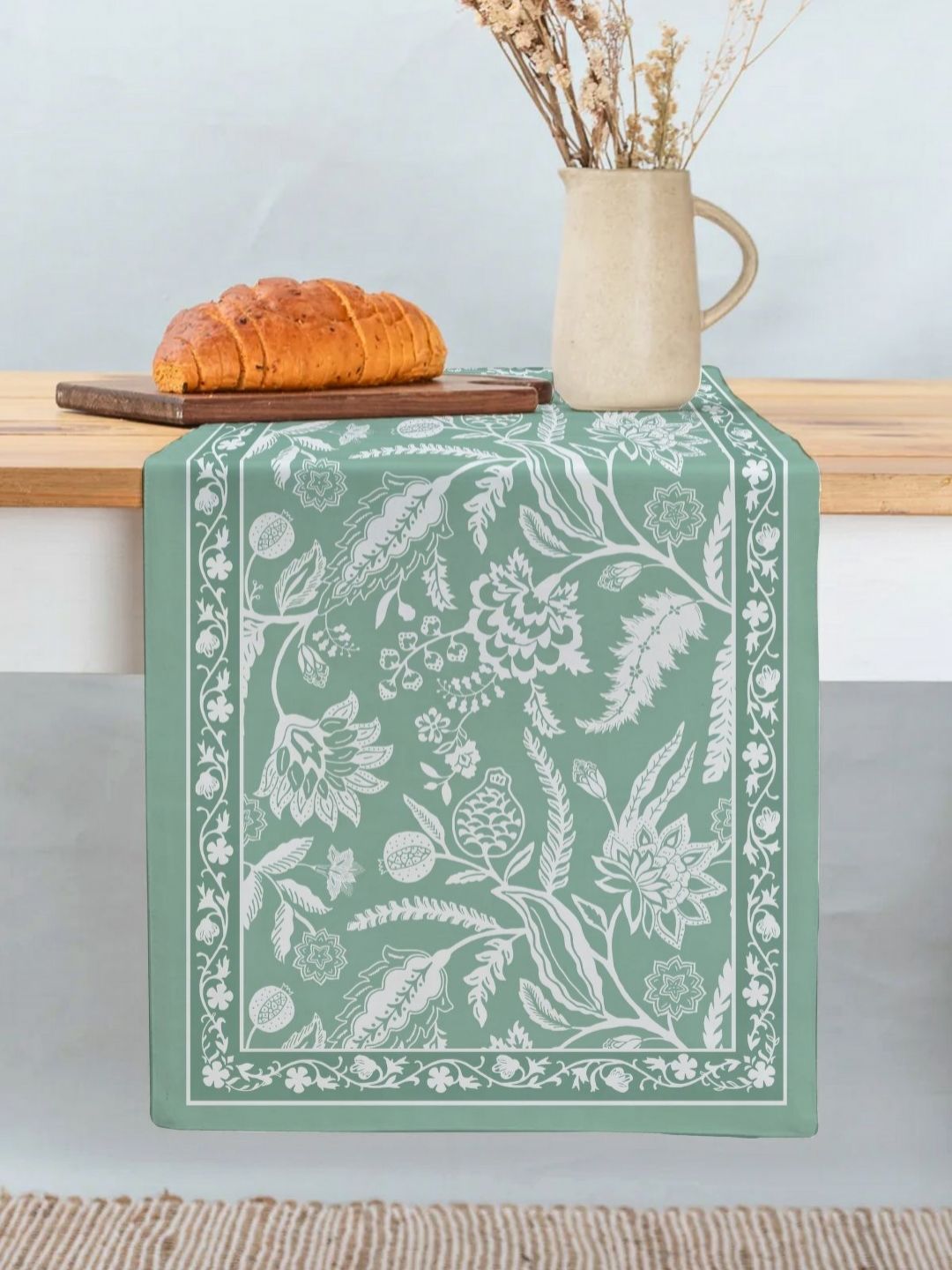 peepul Tree Aqua Green 6-Seater Cotton Canvas Fabric Table Runner