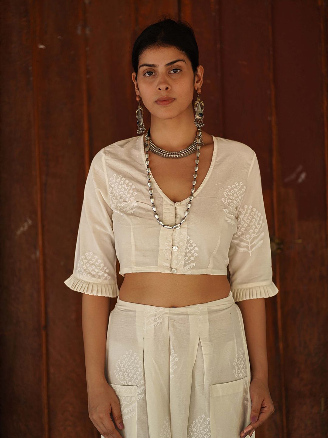 Buy Chidiyaa Safed Vanilla Static Block Printed Saree Blouse