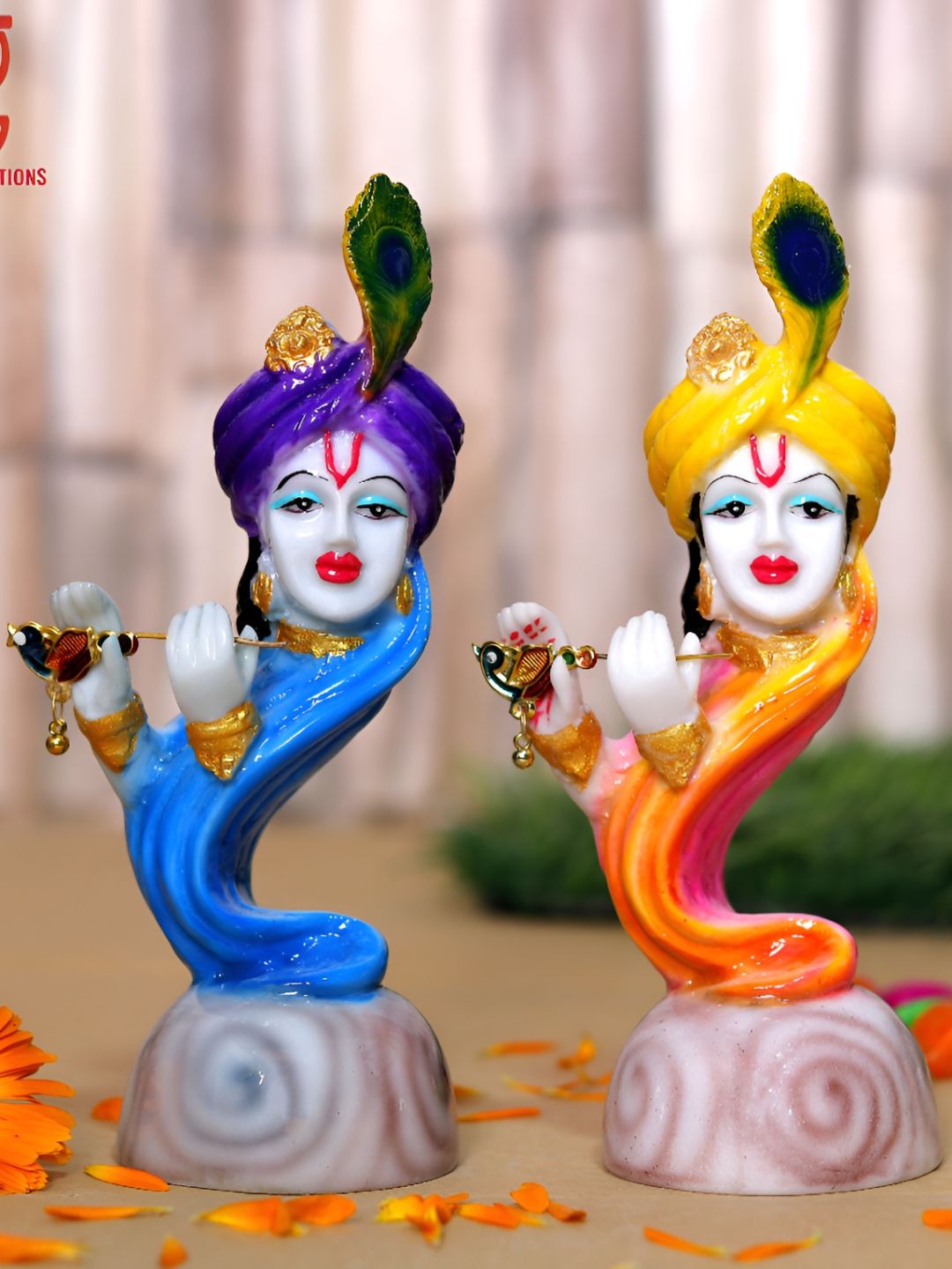 Aura Murlidhar Krishna Blue Marble Glossy Prayer Room Set of 2 Small Showpieces - 6.7 Inches