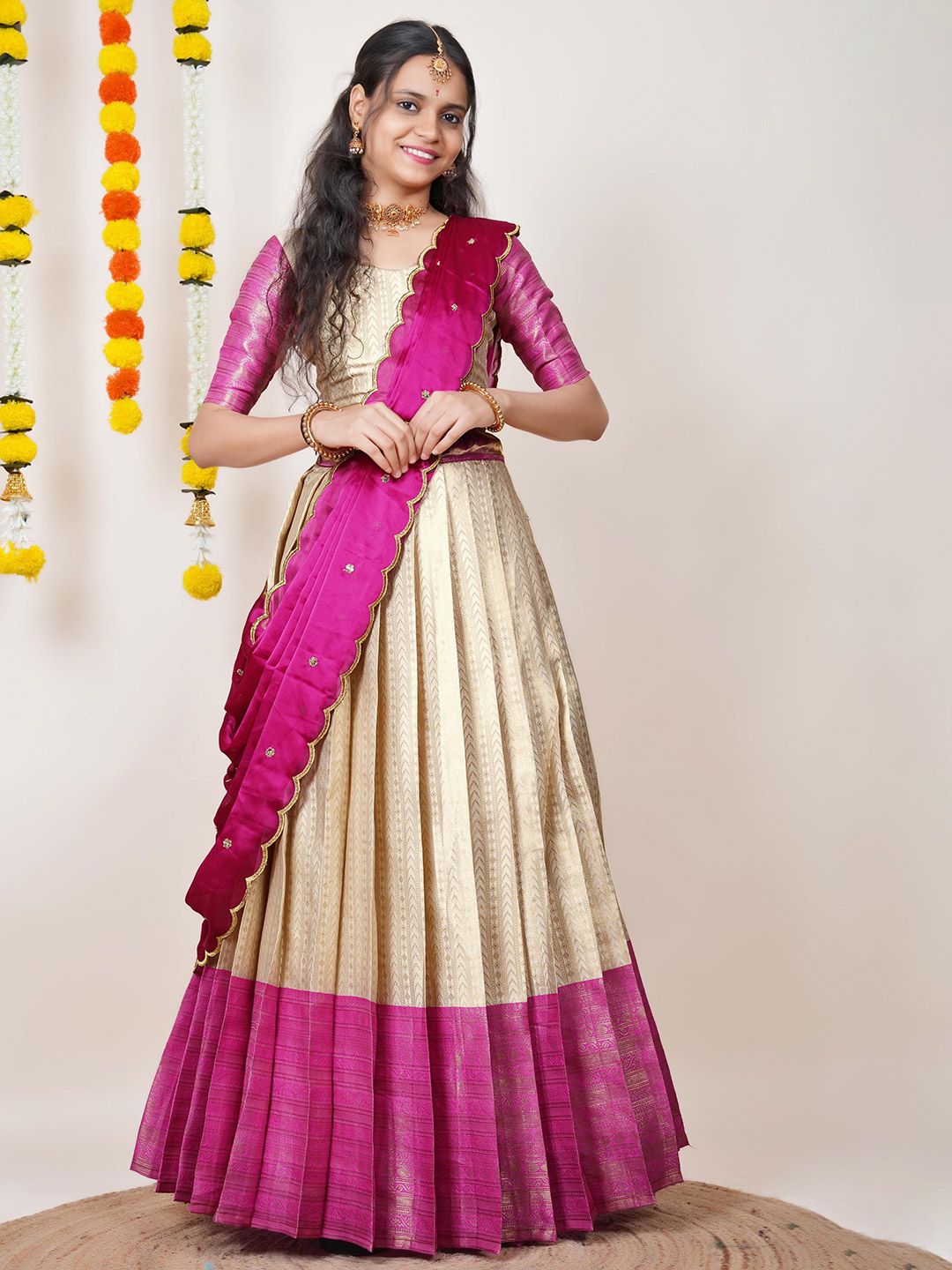 Fabcartz Floral Woven Design Semi-Stitched Lehenga & Unstitched Blouse With Dupatta