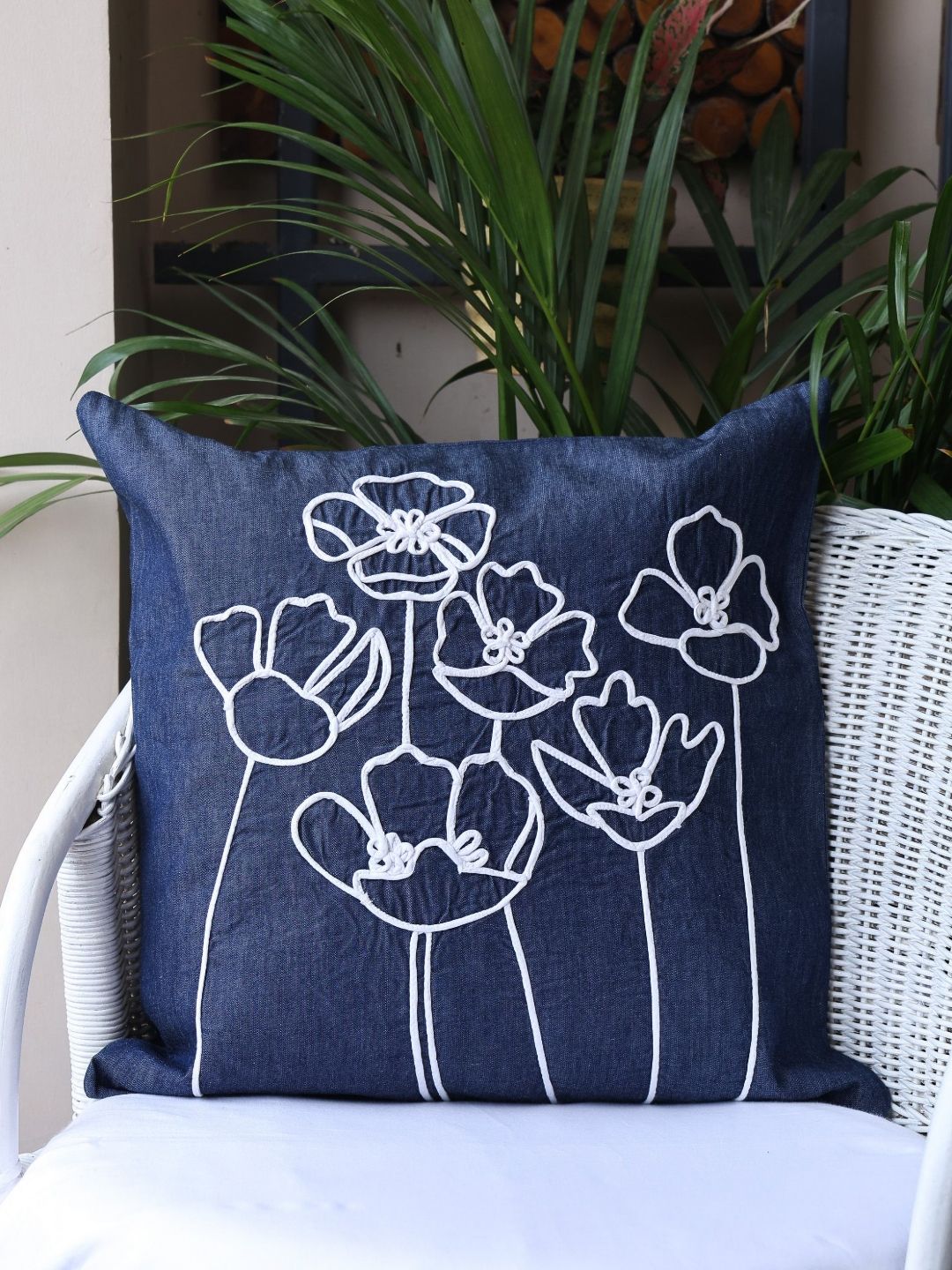 Sangria Sangria Blue Floral Cotton Washable Embroidered Square Cushion Cover -16x16In