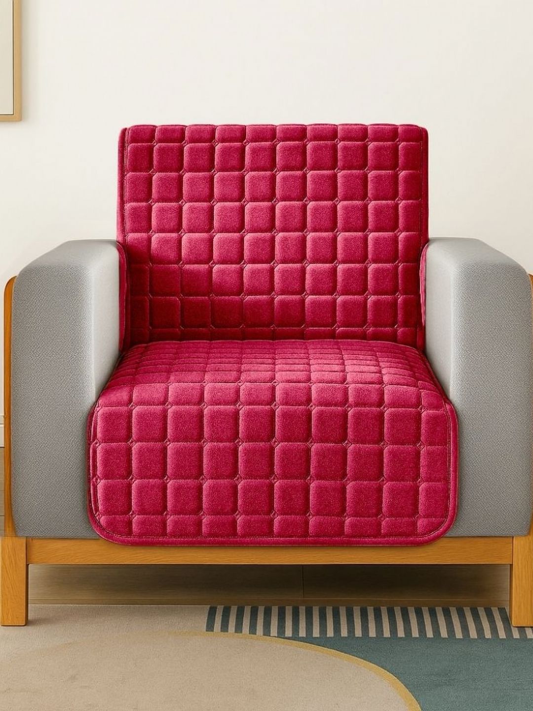 Stylista Anti-Slip Checkered Chenille Reversible 2PC Straight Single Seater Sofa Cover-