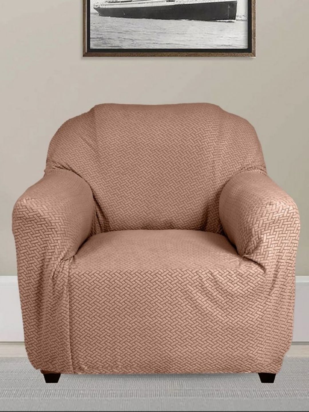 Stylista Reversible Brown Geometric Chenille Straight Single Seater Sofa Cover-