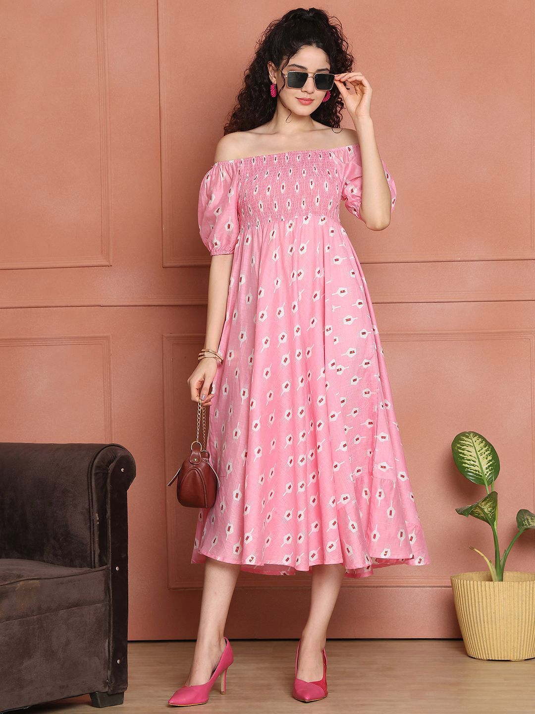 Buy Aawari Women Floral Print Off-Shoulder Smocked Maxi Midi Dress