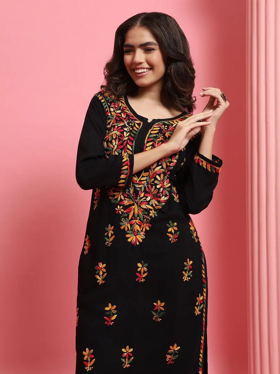 House of Chikankari Women Black Rayon Chikankari Embroidered Kurta