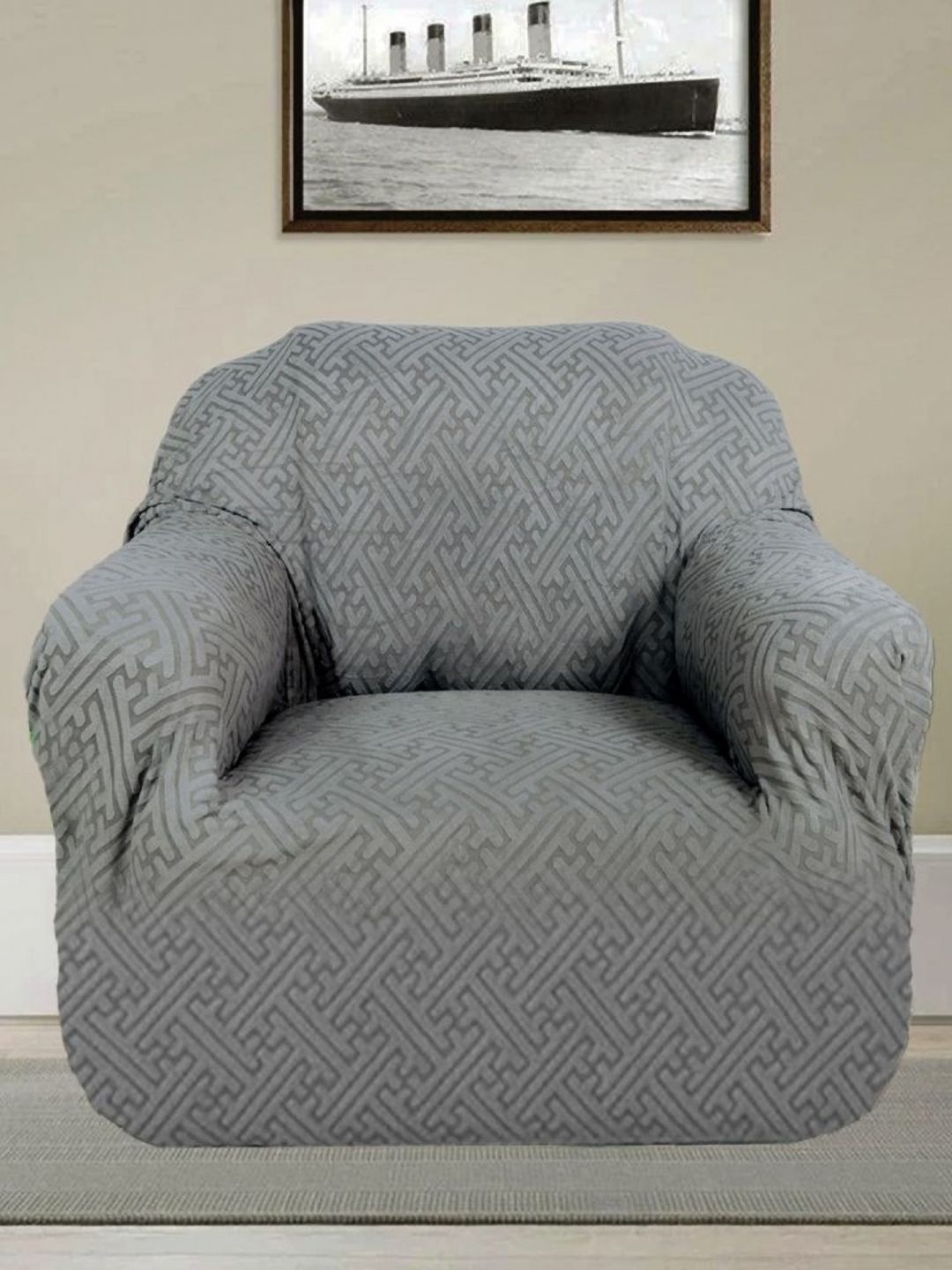 Stylista Reversible & Anti-Slip Geometric Chenille Straight Single Seater Sofa Cover-