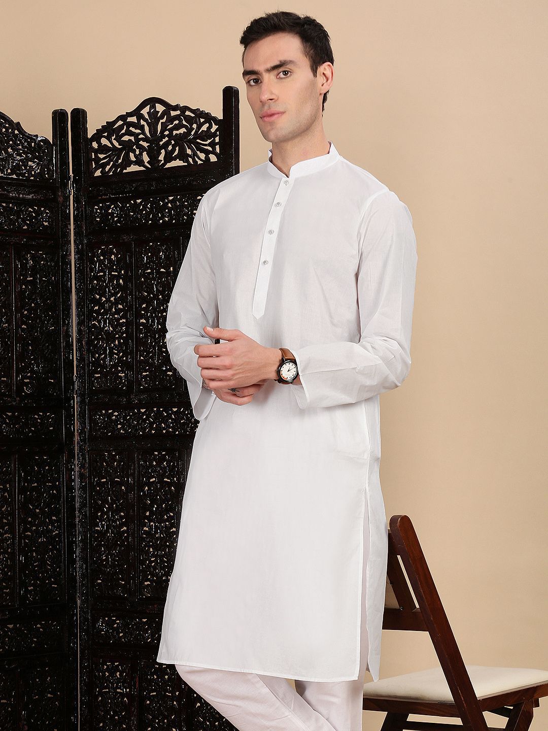 House of Pataudi Men Solid Mandarin Collar Casual Straight Cotton Kurta