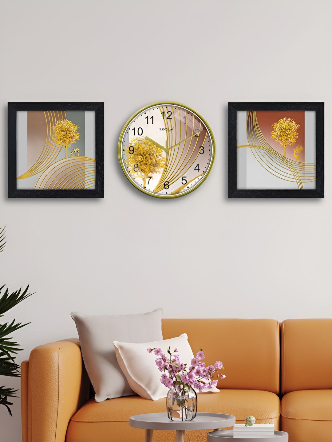 RANDOM White & Orange Printed Traditional Wall Clock With 2 Photo Frames