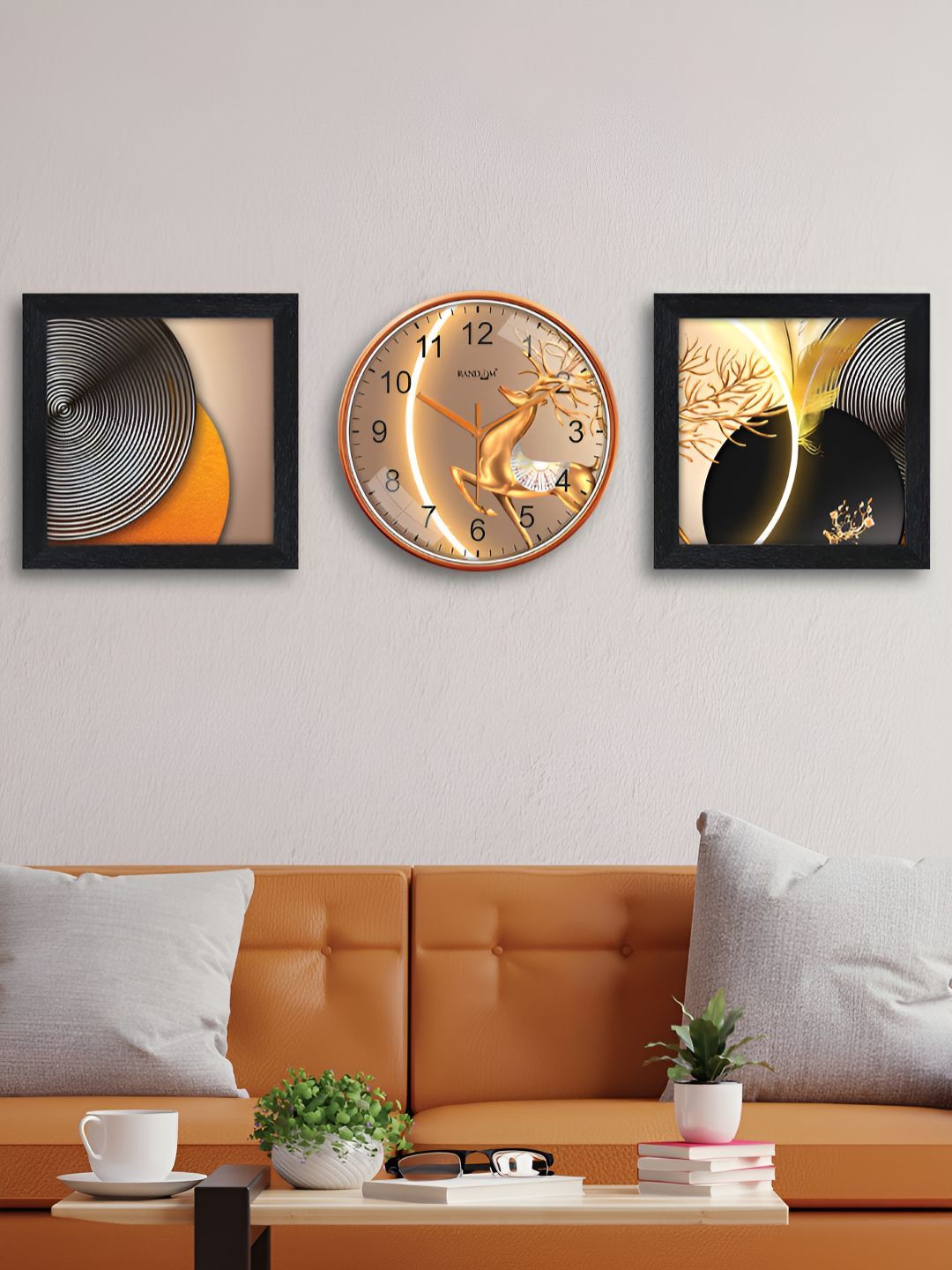 RANDOM Black Plastic Ultra Clear Glass Round Battery Analogue Deer Wall Clock-30cm