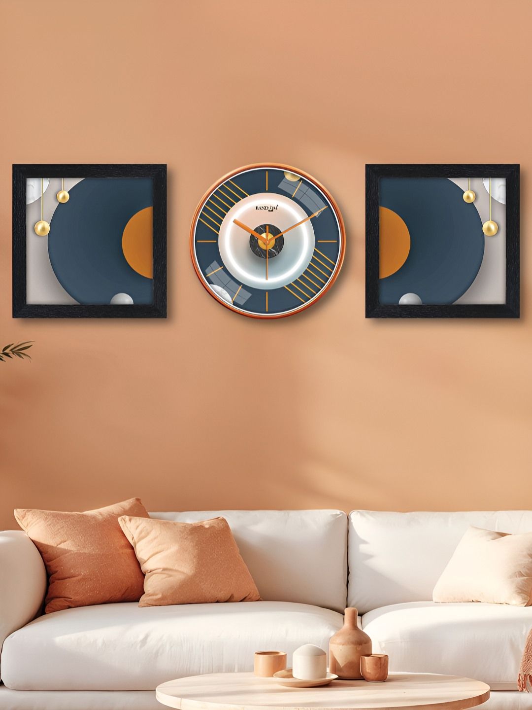 RANDOM Grey & Orange Printed Traditional Wall Clock With 2 Photo Frames