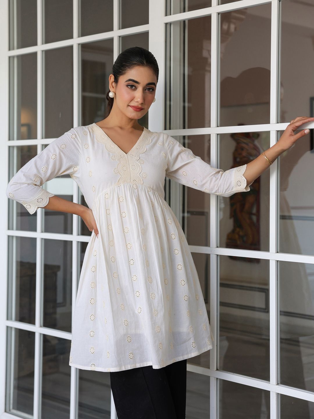 Buy Janasya Women Off White Pure Cotton Schiffli A-line Tunic