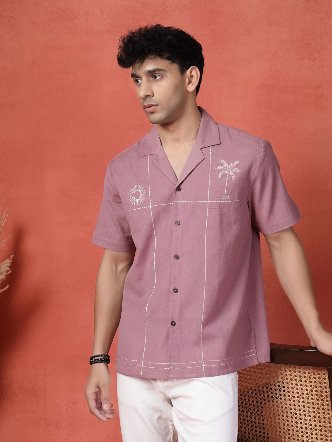 Sangria Embroidered Cotton Cubans Collar Shirt