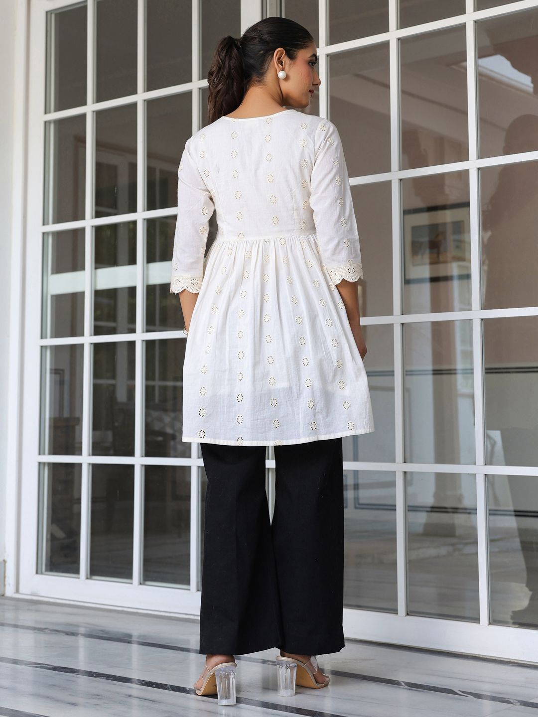 Buy Janasya Women Off White Pure Cotton Schiffli A-line Tunic