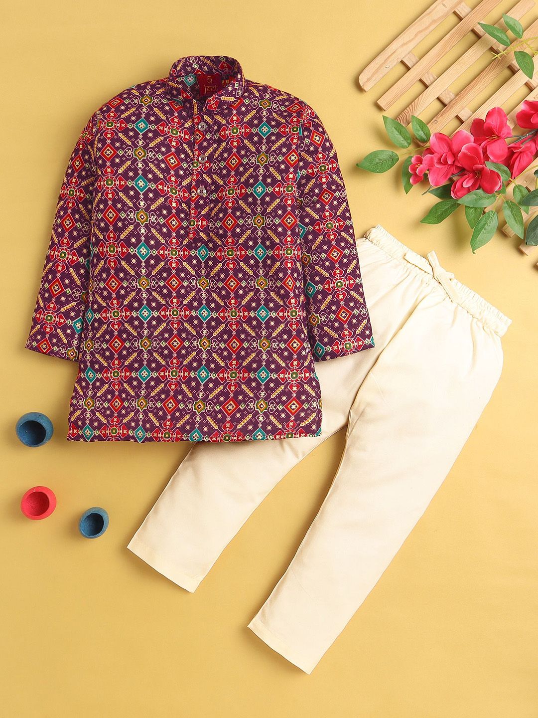 Jeetethnics Boys Geometric Printed Mandarin Collar Kurta With Pyjamas