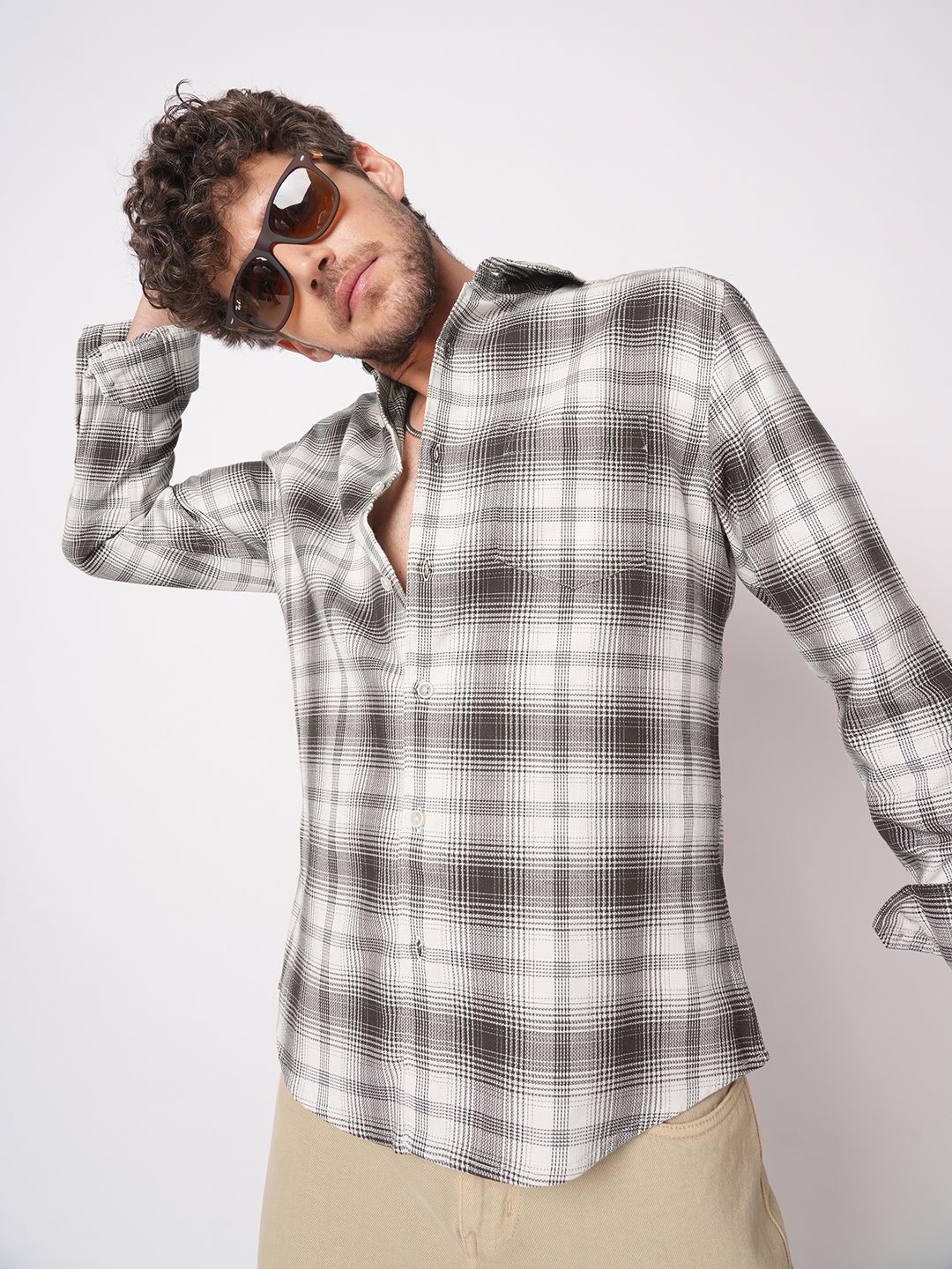 VASTRADO Classic Sable Grid Checked Slim Fit Cotton Casual Shirt