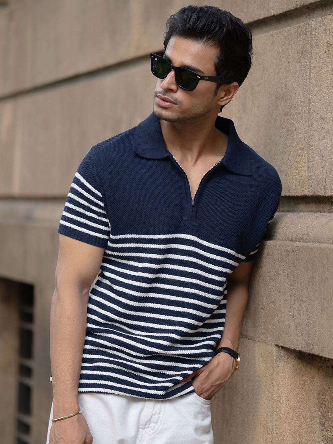 Powerlook SS25 Knitted Striped Polo Collar Pure Cotton T-Shirt