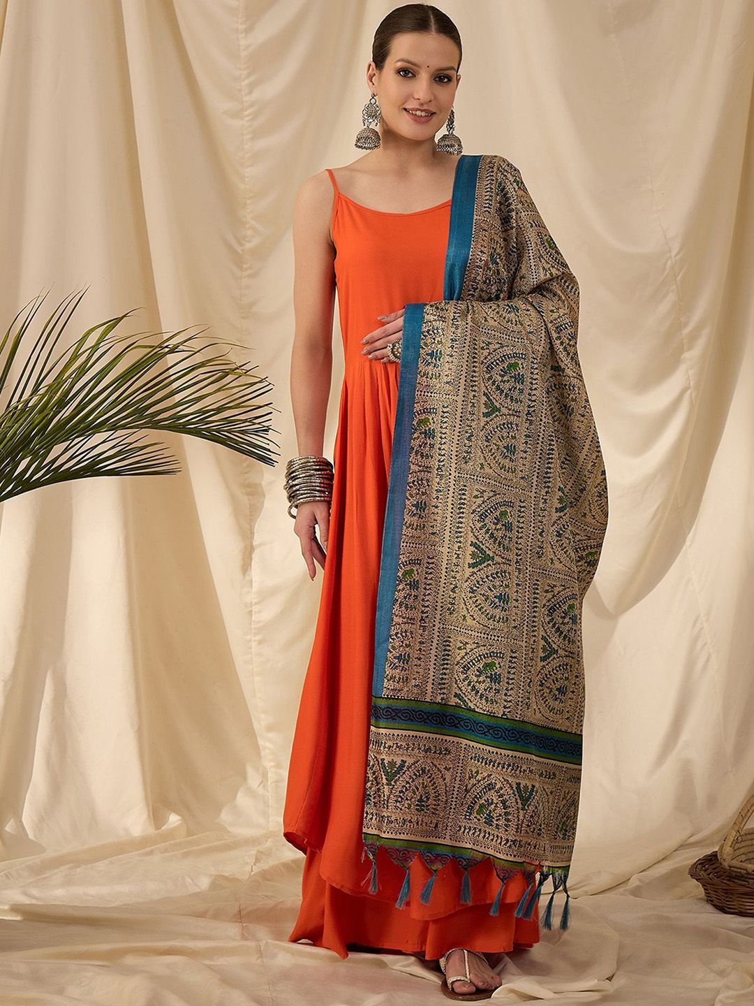 InWeave Round Neck Sleeveless A-Line Kurta With Trousers And Dupatta